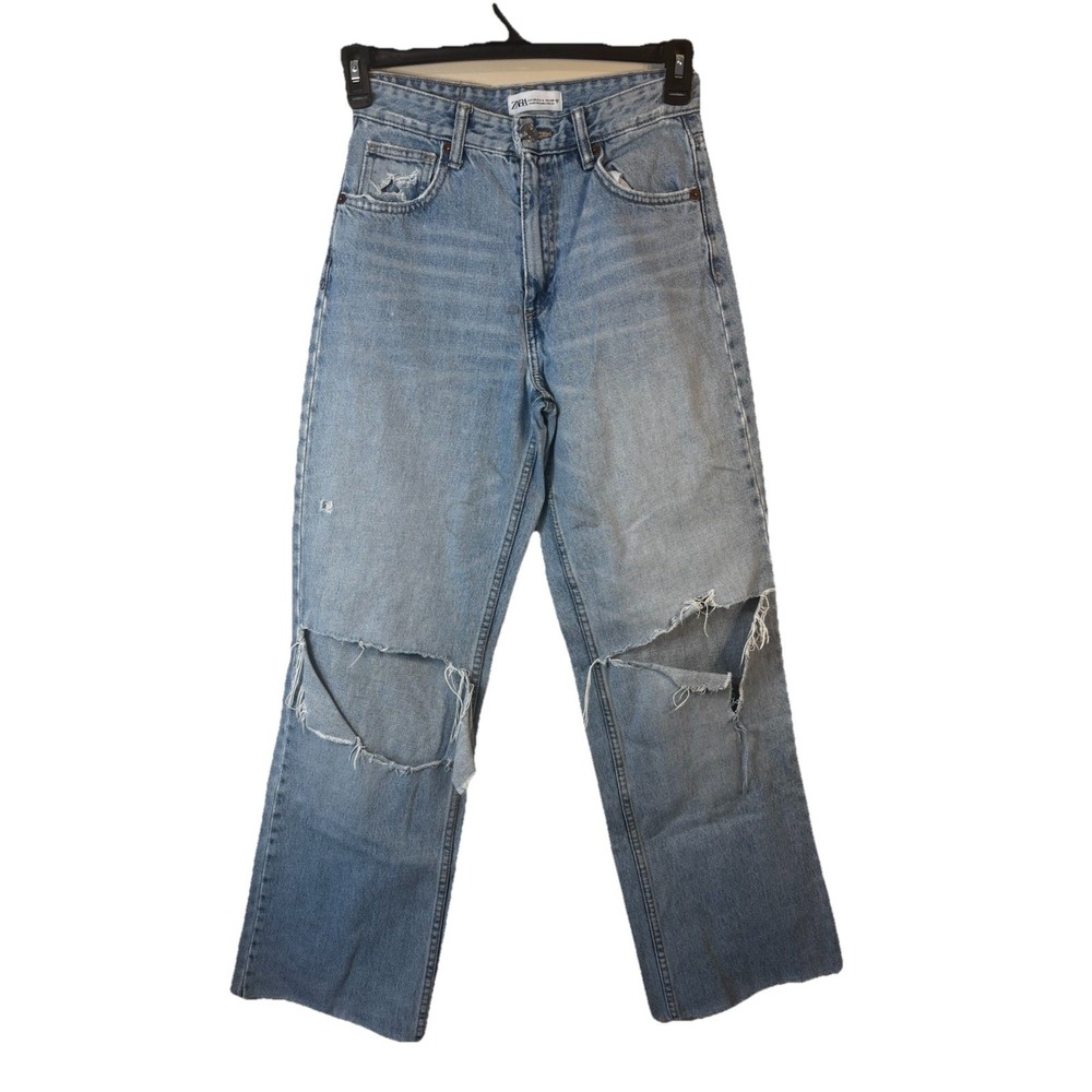 ZARA Women's Light Wash Distressed Wide Leg Jeans Size 4 Ripped Raw Hem